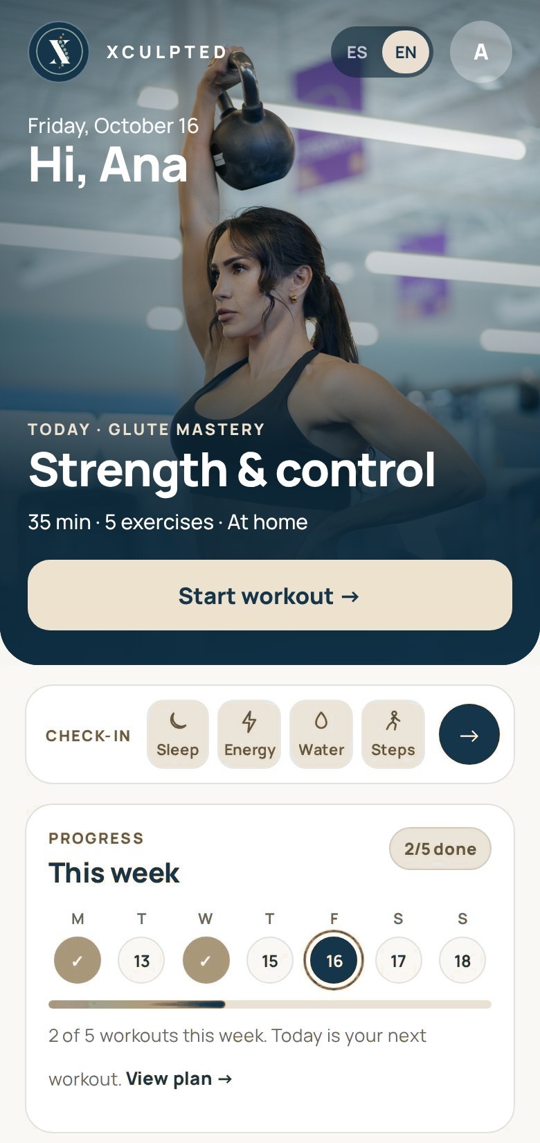Home screen with today's workout and weekly progress