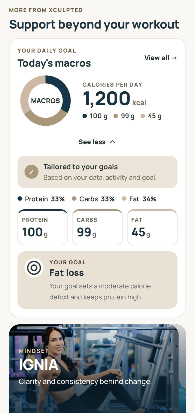 Daily macros card with calories, protein, carbs and fat