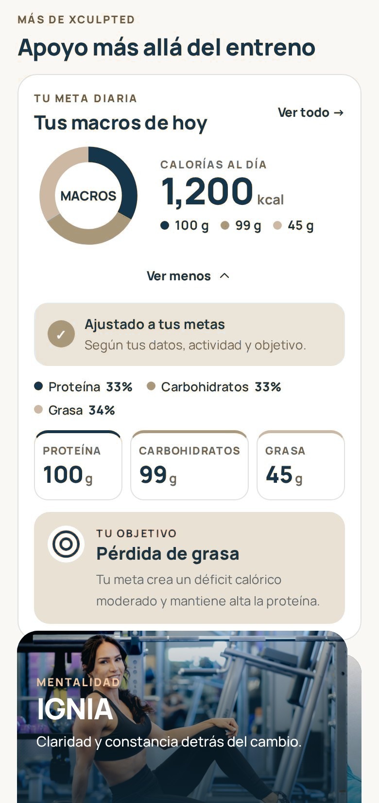 Tarjeta de macros diarios con calorías, proteína, carbohidratos y grasa
